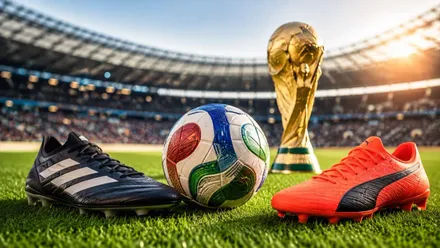 botas de fútbol, un balón y la dorada copa del Mundo.