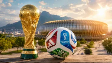 Copa de oro junto a un balón y el estadio tras estos.