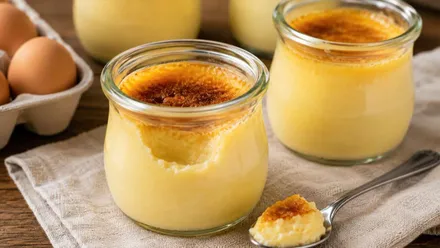 Dos tarros de cristal con natillas sobre una mesa.