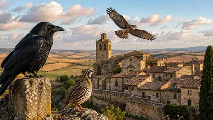 Pájaros sobre una ciudad, un cuervo, una perdiz y un azor.