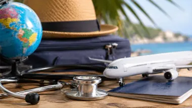 Sombrero, junto a un avión, al fondo la playa y las coberturas médicas.