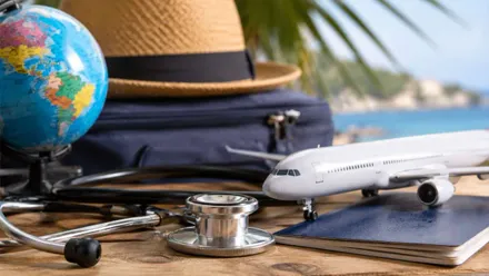 Sombrero, junto a un avión, al fondo la playa y las coberturas médicas.