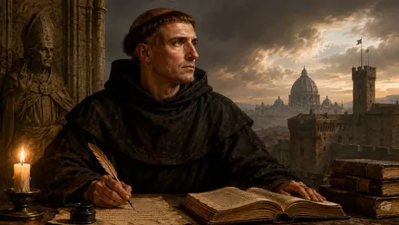 Imagen del fraile Guillermo de Ockham y al fondo la ciudad.