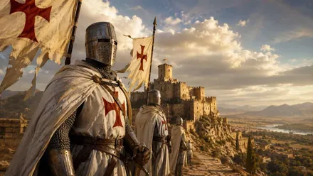 Grupos de caballeros templarios con sus túnicas blanca y cruz patada roja.