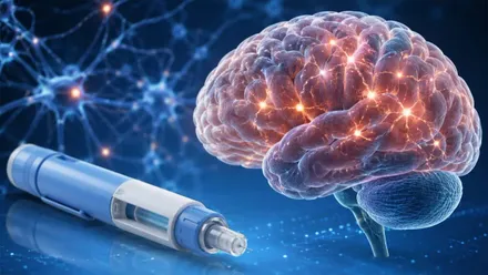 Inyección de Ozempic y cerebro con puntos luminosos.