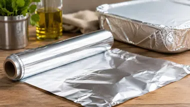 Vista de un rollo de papel de aluminio por la cara mate.