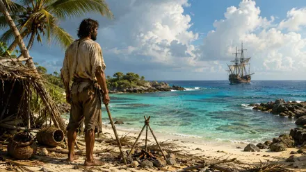 Playa con un naufrago y, al fondo, un galeón.