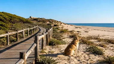 Perro en la playa junto a un paseo de madera. Mira al mar.
