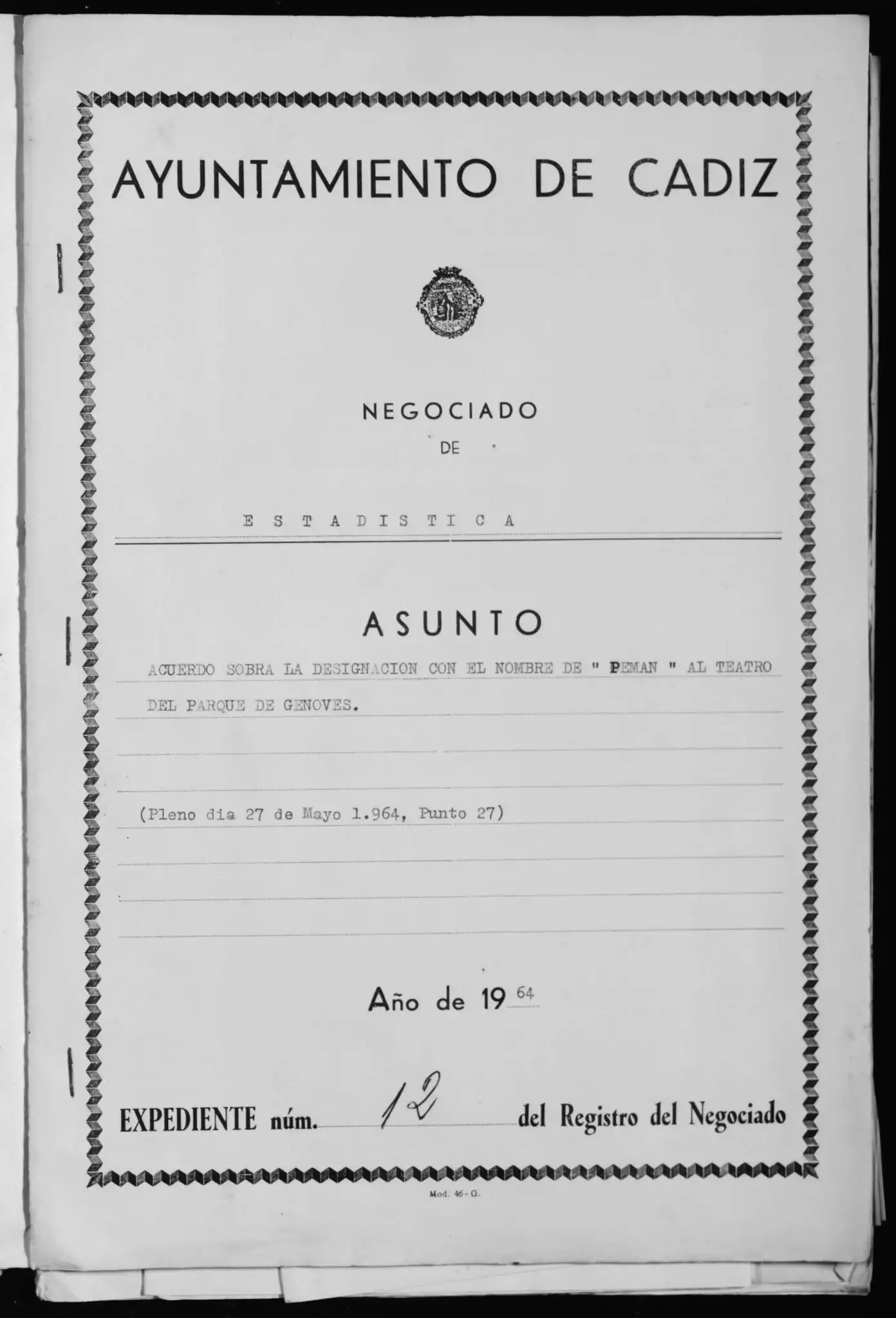 Portada del expediente del Ayuntamiento para el cambio de nombre del Teatro del Parque. Foto: Archivo Historico Provincial.