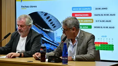 Manuel Vizcaíno y Pepe Mata presentan la campaña de abonos en una rueda de prensa en la que ha llamado la atención la ausencia del vicepresidente Rafael Contreras. Foto: Eulogio García.