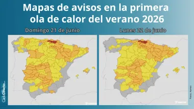 Mapa de avisos en España en la primera ola de calor del verano 2026 (no hay avisos en el archipiélago canario).