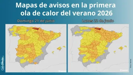 Mapa de avisos en España en la primera ola de calor del verano 2026 (no hay avisos en el archipiélago canario).