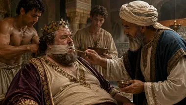 El rey con la boca tapada y un sabio musulmán a su lado.