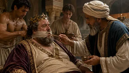 El rey con la boca tapada y un sabio musulmán a su lado.