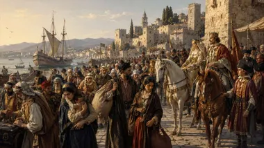 Cuadro con los Reyes Católicos a caballo en un puerto y la expulsión de los judíos.