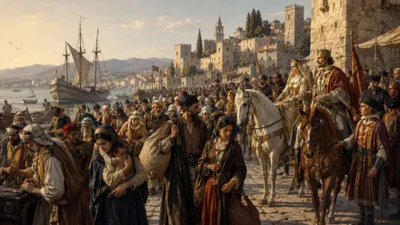 Cuadro con los Reyes Católicos a caballo en un puerto y la expulsión de los judíos.