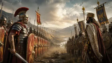 Dos huestes de soldados, a un lado del Imperio Romano y al otro del Imperio Sasánida.