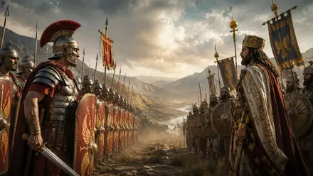 Dos huestes de soldados, a un lado del Imperio Romano y al otro del Imperio Sasánida.