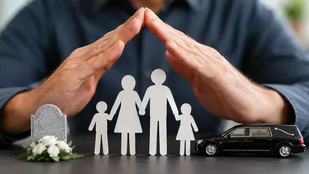 Mano cubre a una familia cortada en papel, con una tumba y coche fúnebre a ambos lados.