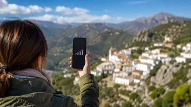 Chica con su móvil extendido tratando de coger cobertura en la sierra.