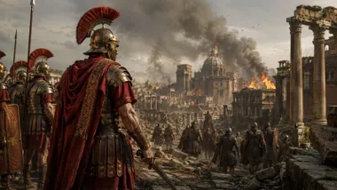 Centuriones romanos, espada en mano, viendo como arde una ciudad.