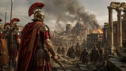 Centuriones romanos, espada en mano, viendo como arde una ciudad.