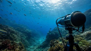 Micrófono bajo el agua con un banco de peces y rocas.