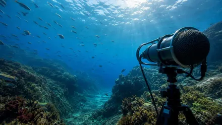 Micrófono bajo el agua con un banco de peces y rocas.