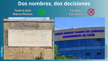 Montaje fotográfico dividido en dos imágenes. En la parte superior aparece una placa de cerámica instalada en el Teatro José María Pemán, en el Parque Genovés de Cádiz, con el nombre del recinto. En la parte inferior se observa la fachada principal del estadio municipal de Cádiz, actualmente denominado Nuevo Mirandilla, con una gran imagen de aficionados del Cádiz CF sobre la entrada. Sobre la placa figura un símbolo de aprobación y sobre el estadio un símbolo de rechazo, en referencia a los diferentes criterios aplicados por el Ayuntamiento respecto a la recuperación de ambas denominaciones históricas.