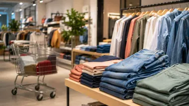 Ropa colgada en los percheros de una tienda.