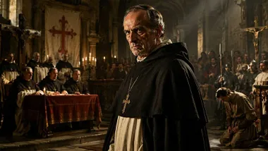 Torquemada en actitud seria con su hábito de dominico.