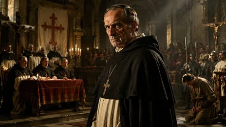 Torquemada en actitud seria con su hábito de dominico.
