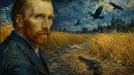 Van Gogh con un fondo inspirado en uno de sus cuadros.