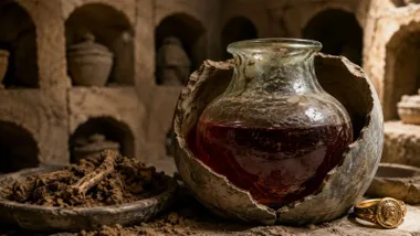 Una jarra de cristal con vino de época romana, junto a ella un anillo de época del Imperio Romano.