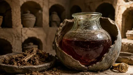 Una jarra de cristal con vino de época romana, junto a ella un anillo de época del Imperio Romano.