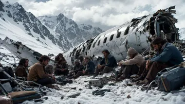 Fuselaje del avión estrellado en los Andes en plenas montañas heladas y algunos de los supervivientes.
