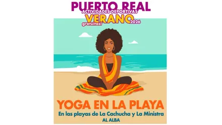 Cartel de las actividades al aire libre, deporte o yoga, en Puerto Real. Representa a una chica en actitud de relajación.
