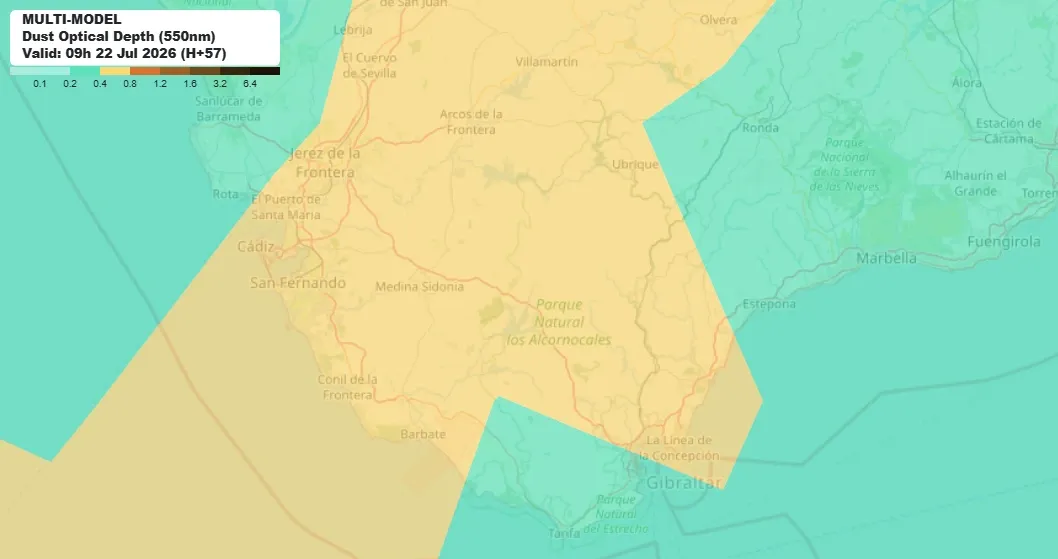 Mapa de la previsión de calima para las 21 horas de este 21 de julio y las 9 horas del 22.
