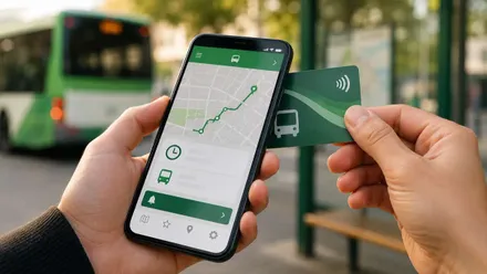 Mano de una persona que sostiene un móvil con una app y una tarjeta de transporte.