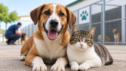 Pero y gato en una zona de adopción.