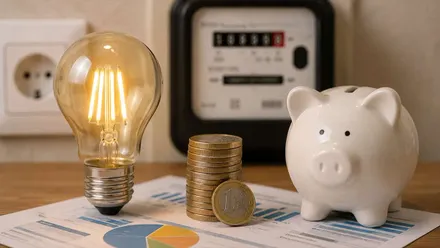 Contador de la luz, bombilla encendida y hucha con dinero.