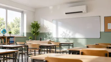 Aula de un colegio y sobre la pizarra un aire acondicionado.