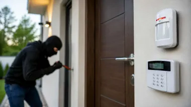 ladrón entrando en una casa y al lado un teclado.