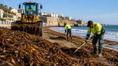 Excavadora y operarios limpiando una playa de algas invasoras.