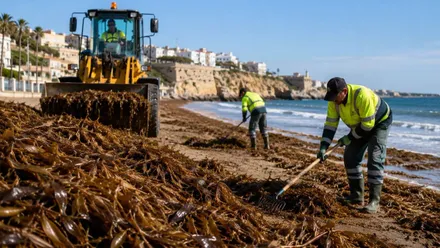 Excavadora y operarios limpiando una playa de algas invasoras.