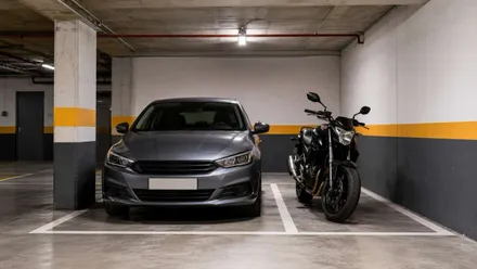 Coche y moto aparcados en un garaje de una viviendas.