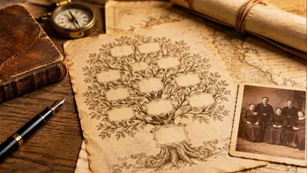 papel antiguo con un árbol genealógico.