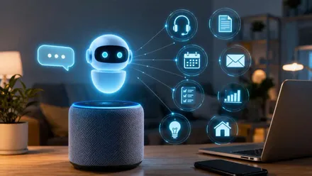 Un asistente de ia realizando tareas, imagen futurista.