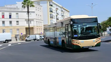Autobús urbano de Cádiz circulando por la Cuesta de las Calesas, junto a la Puerta de Tierra, con edificios residenciales y palmeras al fondo.