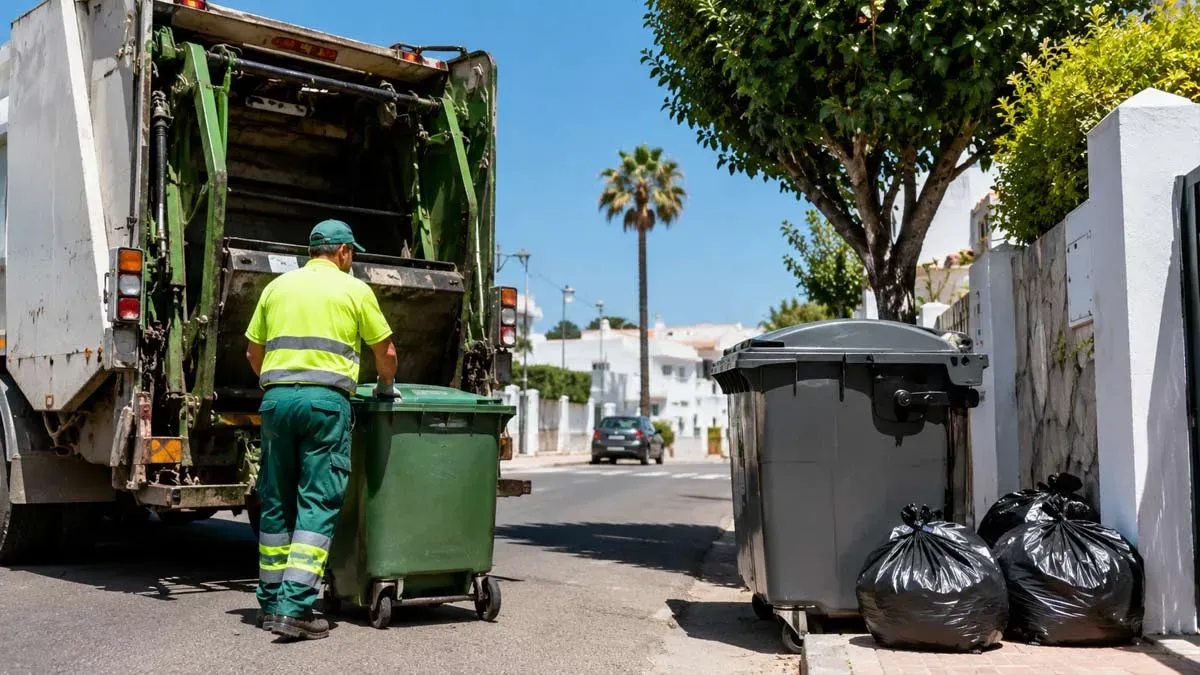 Operario recogiendo la basura en una calle de casas blancas.